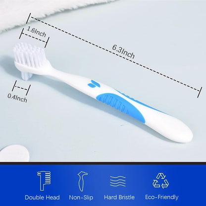 Y-Kelin Denture Brush with Hard Bristles - Dual Head, Non-Slip Rubber Handle (Red & Blue, 2 Pcs)