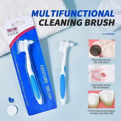 Y-Kelin Denture Brush with Hard Bristles - Dual Head, Non-Slip Rubber Handle (Red & Blue, 2 Pcs)