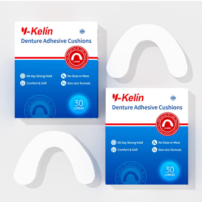Y-Kelin Lower Denture Adhesive Cushions – Adhesive-Free Pads for Sore Gums (60 Strips)