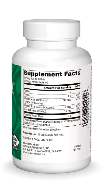 Source Naturals Yaeyama Chlorella Green Superfood with Plant-Based B12* - 200 mg, 600 Tablets