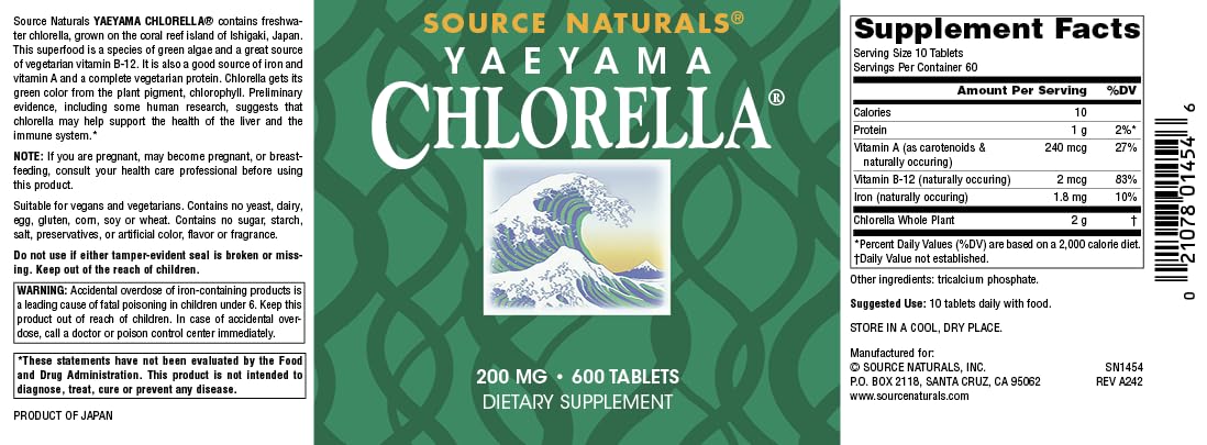 Source Naturals Yaeyama Chlorella Green Superfood with Plant-Based B12* - 200 mg, 600 Tablets