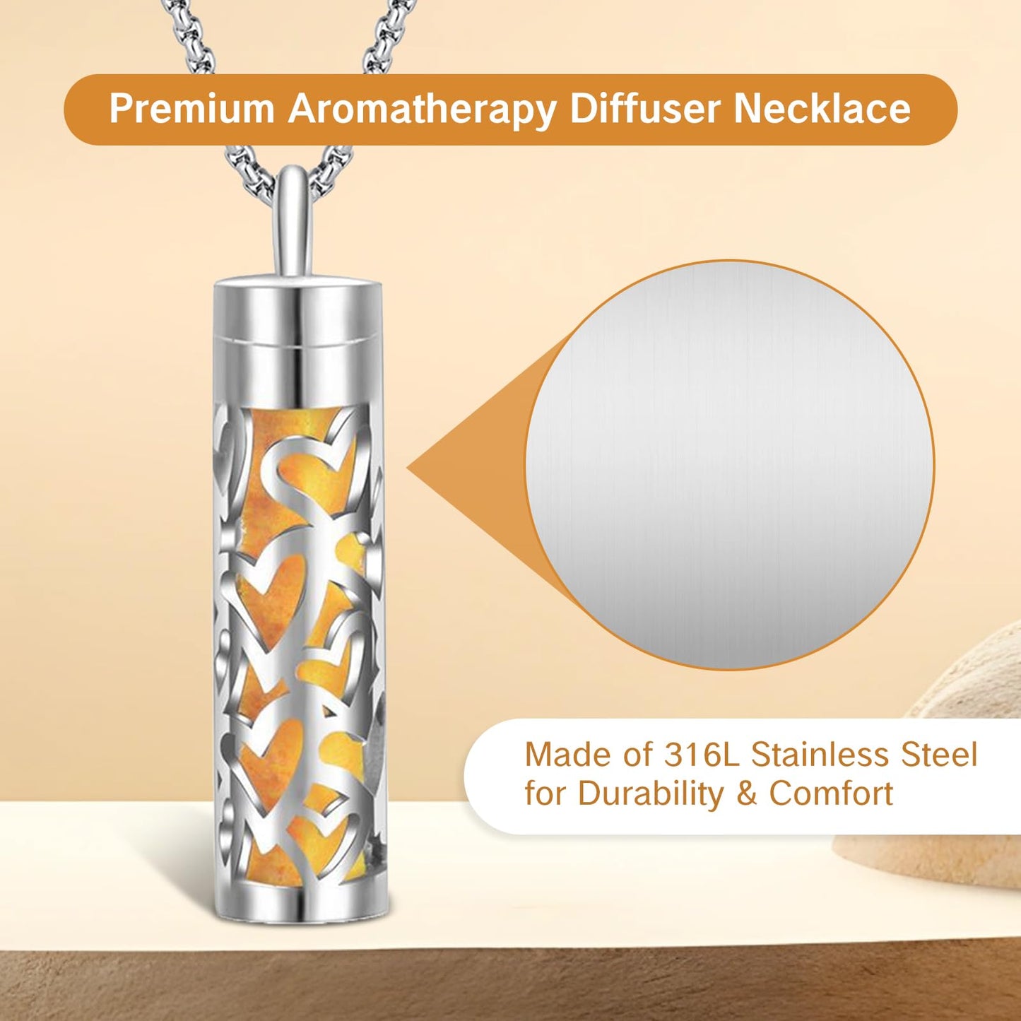 YAFIYGI Essential Oil Necklace – 316L Stainless Steel Diffuser Pendant with 10 Refill Pads