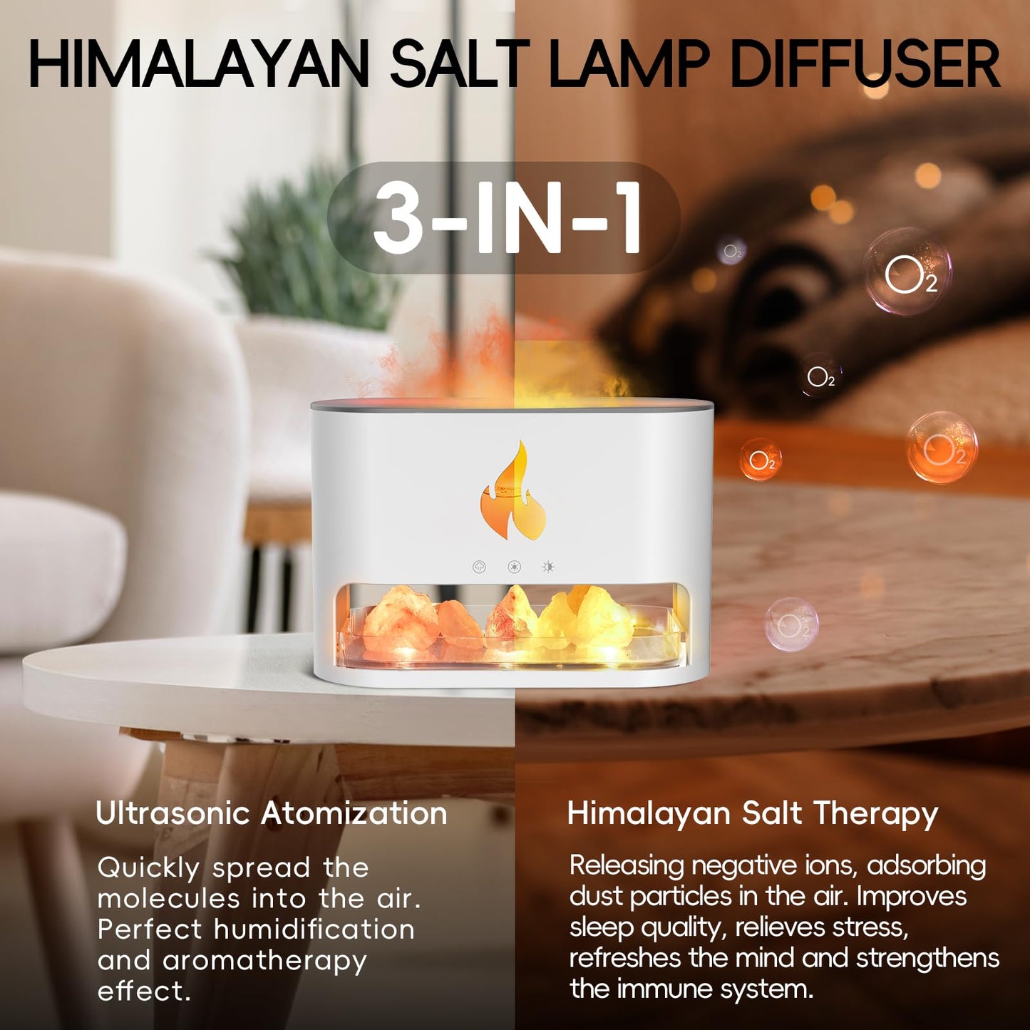 YALEDI Essential Oil Diffuser – Fireplace Flame Light, 250ml Himalayan Salt Lamp (White)