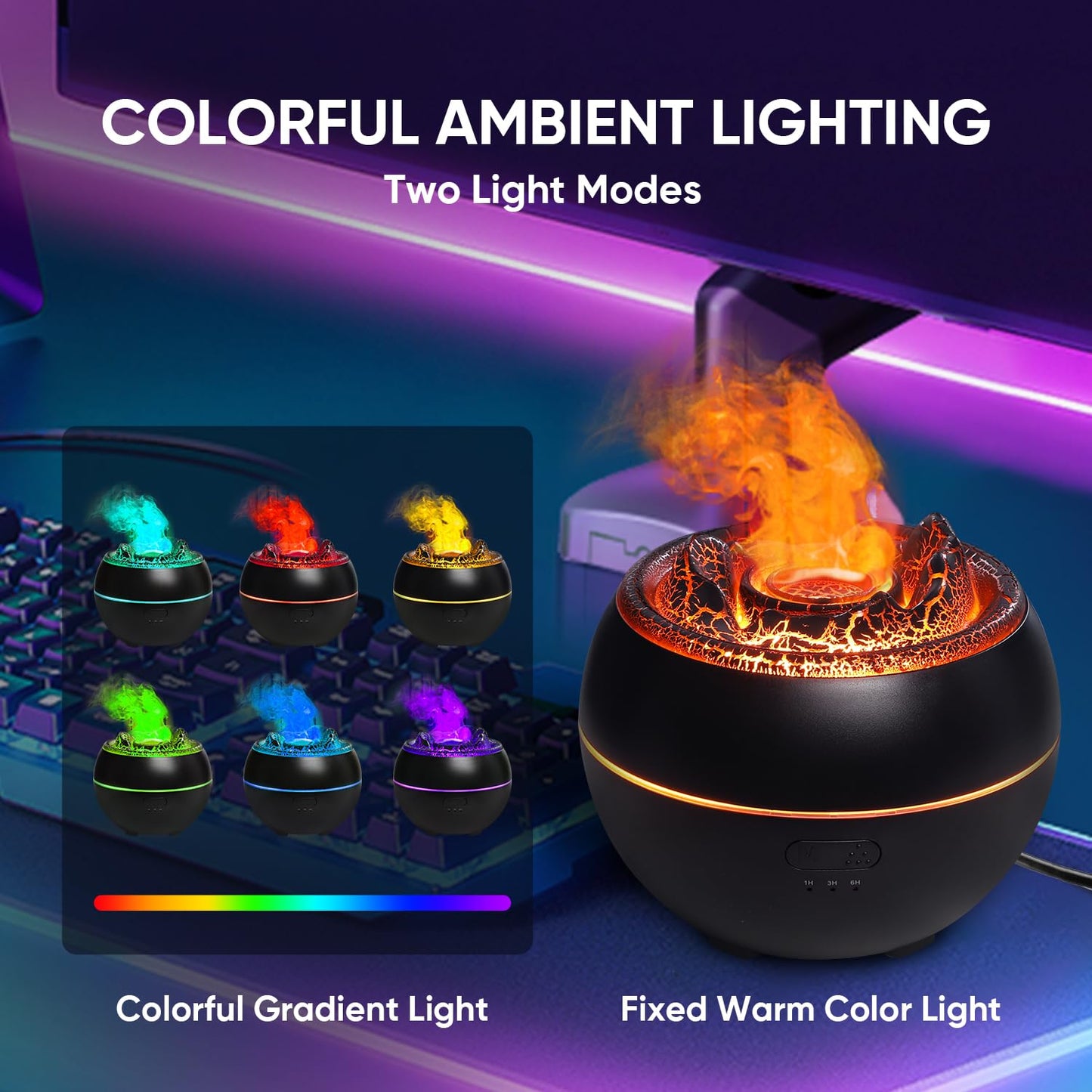 YALEDI Volcano Flame Essential Oil Diffuser – 360ml, 7-Color Lights, Auto Shut-Off (Black)