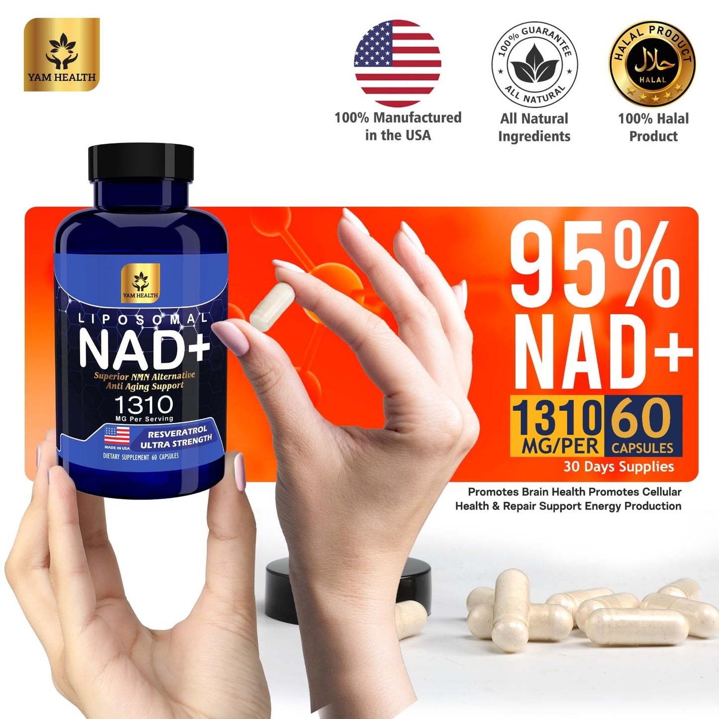 YAM Health Liposomal NAD+ with Trans-Resveratrol – Premium Halal NAD Supplement for Energy Metabolism, DNA Repair & Longevity (Vegan, Non-GMO, 60 Count)