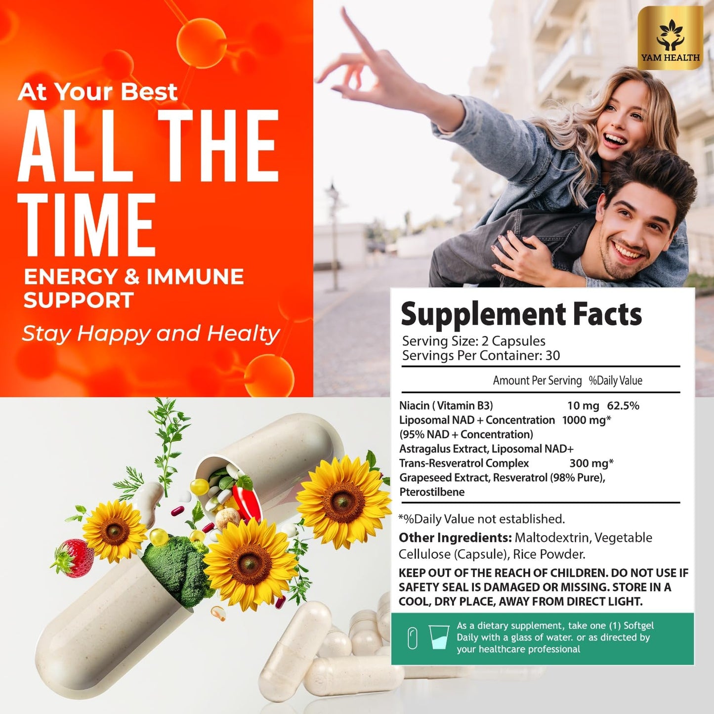 YAM Health Liposomal NAD+ with Trans-Resveratrol – Premium Halal NAD Supplement for Energy Metabolism, DNA Repair & Longevity (Vegan, Non-GMO, 60 Count)