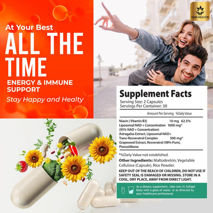 YAM Health Liposomal NAD+ with Trans-Resveratrol – Premium Halal NAD Supplement for Energy Metabolism, DNA Repair & Longevity (Vegan, Non-GMO, 60 Count)