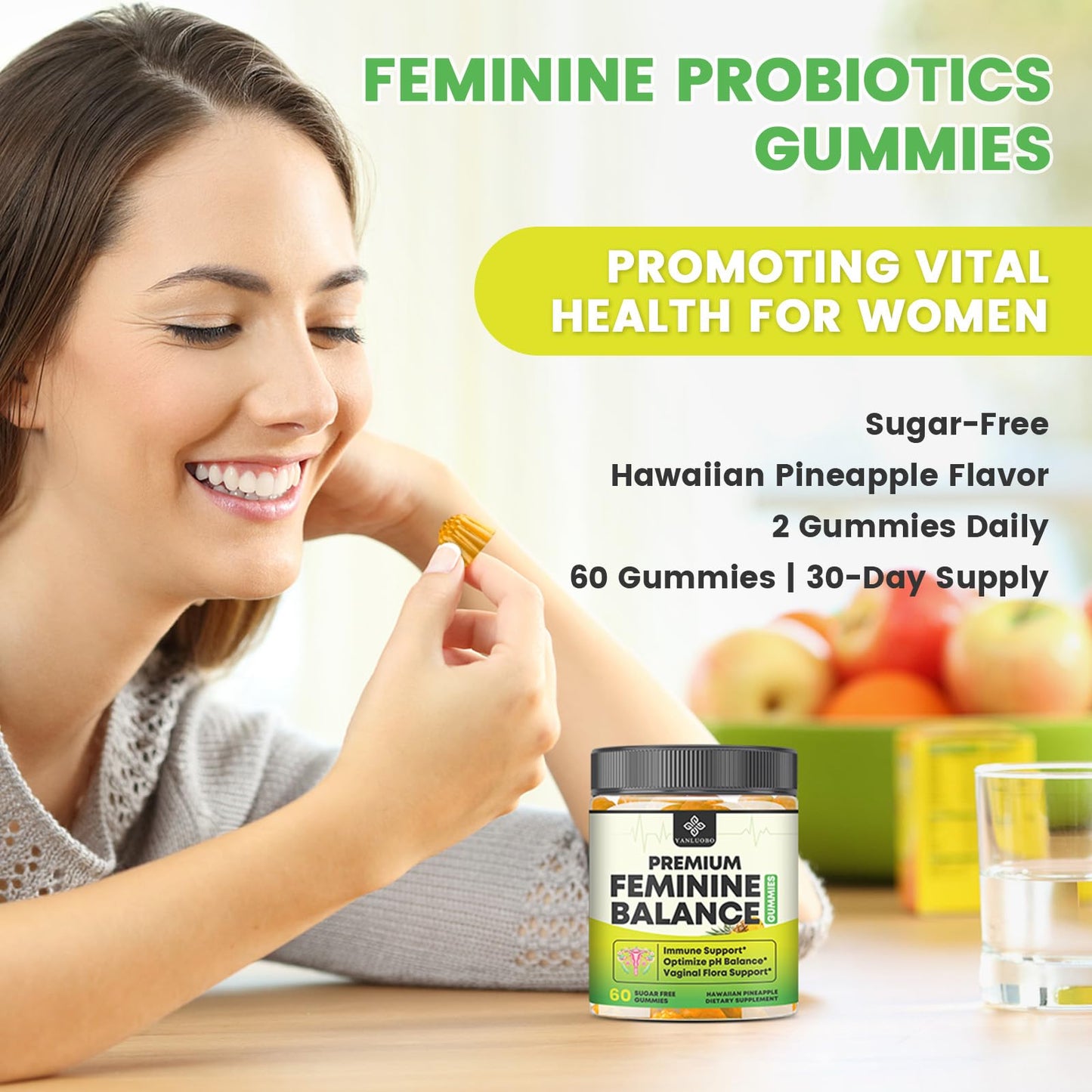 YANLUOBO Feminine Balance Probiotic Gummies for Women | Vaginal Health & pH Balance | 60 Count