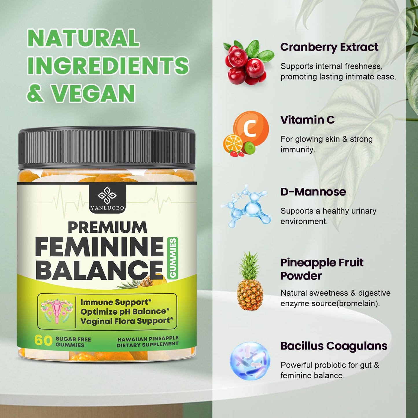 YANLUOBO Feminine Balance Probiotic Gummies - Women's Vaginal Health Support | PH Balance & Odor, Flora, Immune Support | Probiotics for Women, Vegan Pineapple Flavor, 120 Count