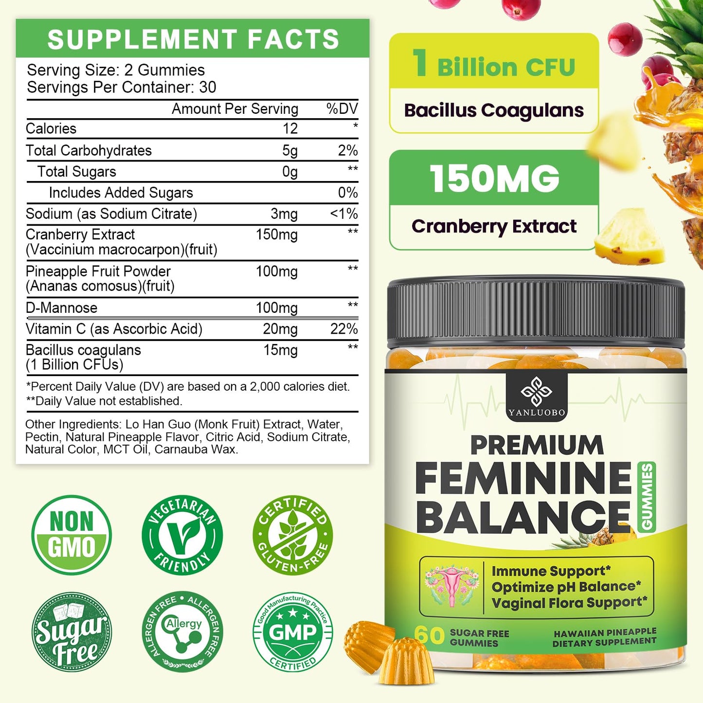 YANLUOBO Feminine Balance Probiotic Gummies - Women's Vaginal Health Support | PH Balance & Odor, Flora, Immune Support | Probiotics for Women, Vegan Pineapple Flavor, 120 Count
