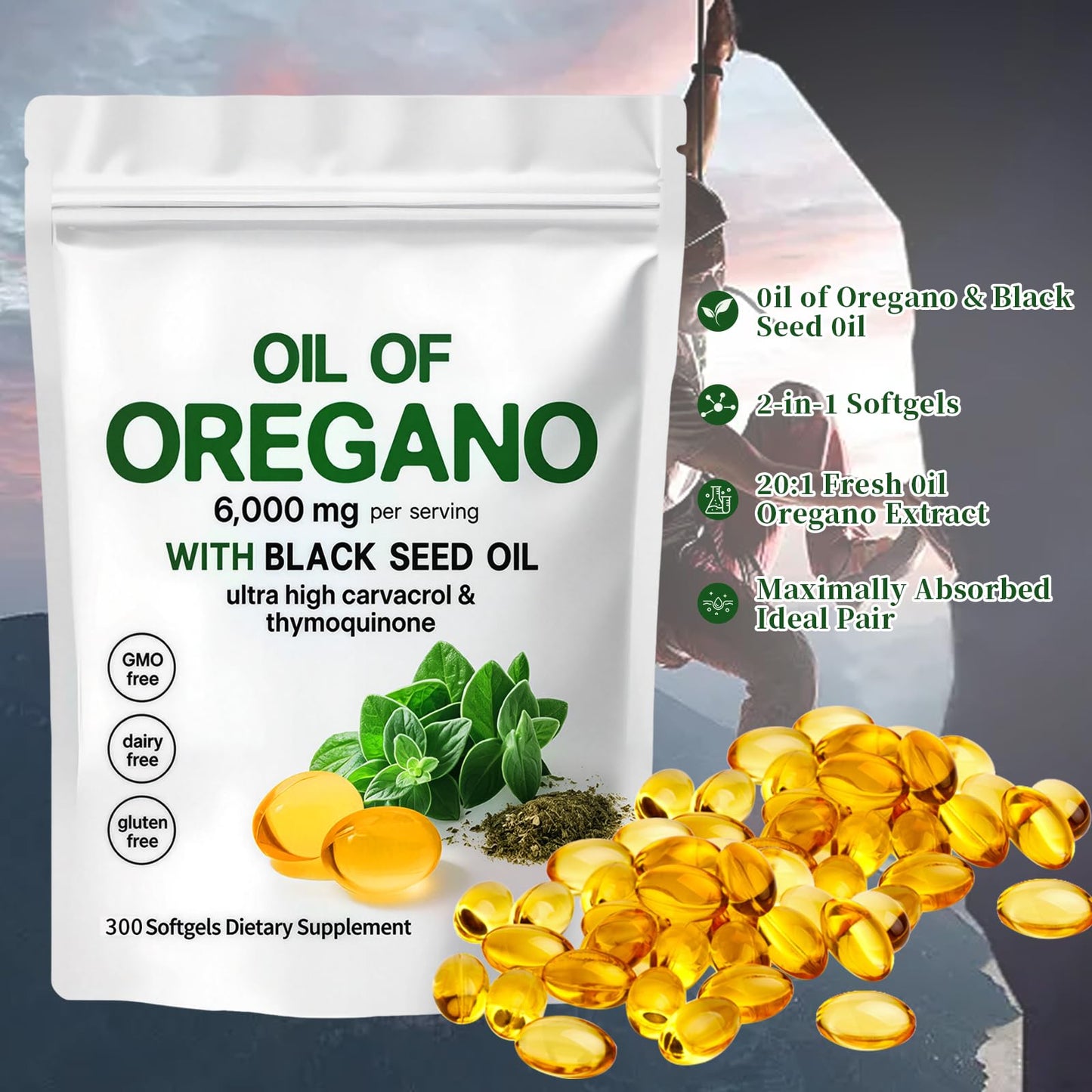 YATIME Oil of Oregano with Black Seed Oil - 6000mg per Serving, 300 Softgels | Immune Support, 4X Strength Carvacrol & Thymoquinone, Non-GMO, Gluten Free