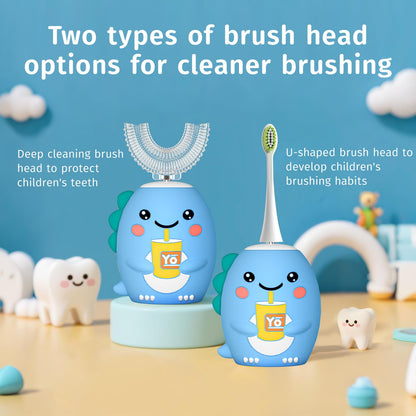 Yeklike Kids U-Shaped Electric Toothbrush - Sonic Baby Toothbrush, Cartoon Dinosaur 360° Cleaning, IPX7 Waterproof (8-15y)