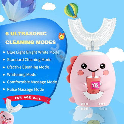 yeklike Kids U-Shaped Electric Toothbrush Pink - 360° Cleaning, IPX7, 8-15y