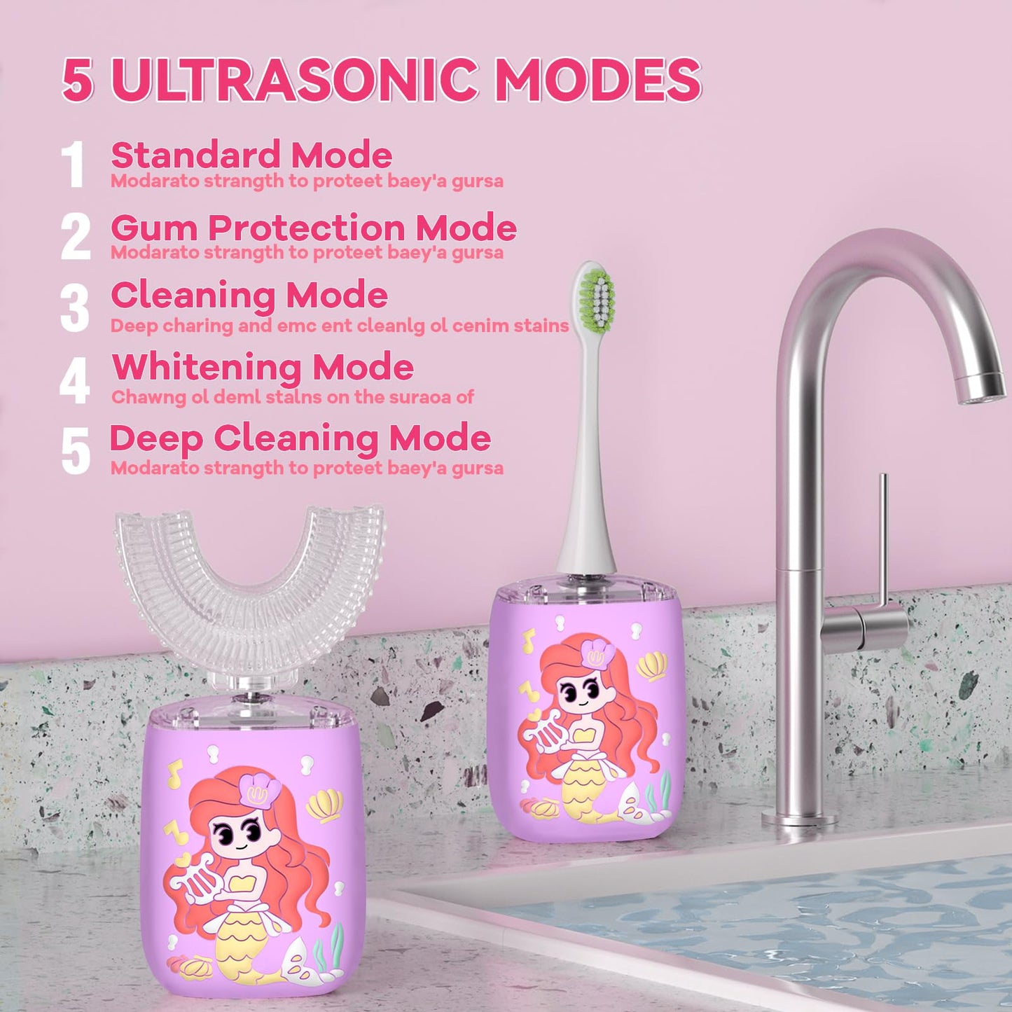 Yeklike Kids U-Shaped Electric Toothbrush Purple – 6 Brush Heads, 6 Sonic Cleaning Modes, Mermaid LED, USB Rechargeable for Ages 2-15