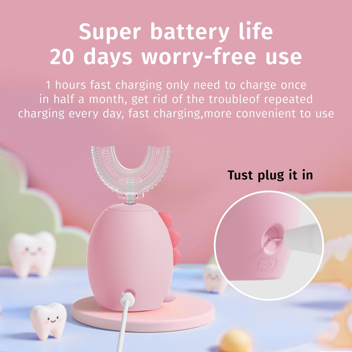 yeklike Kids U-Shaped Electric Toothbrush Pink - 360° Cleaning, IPX7, 8-15y