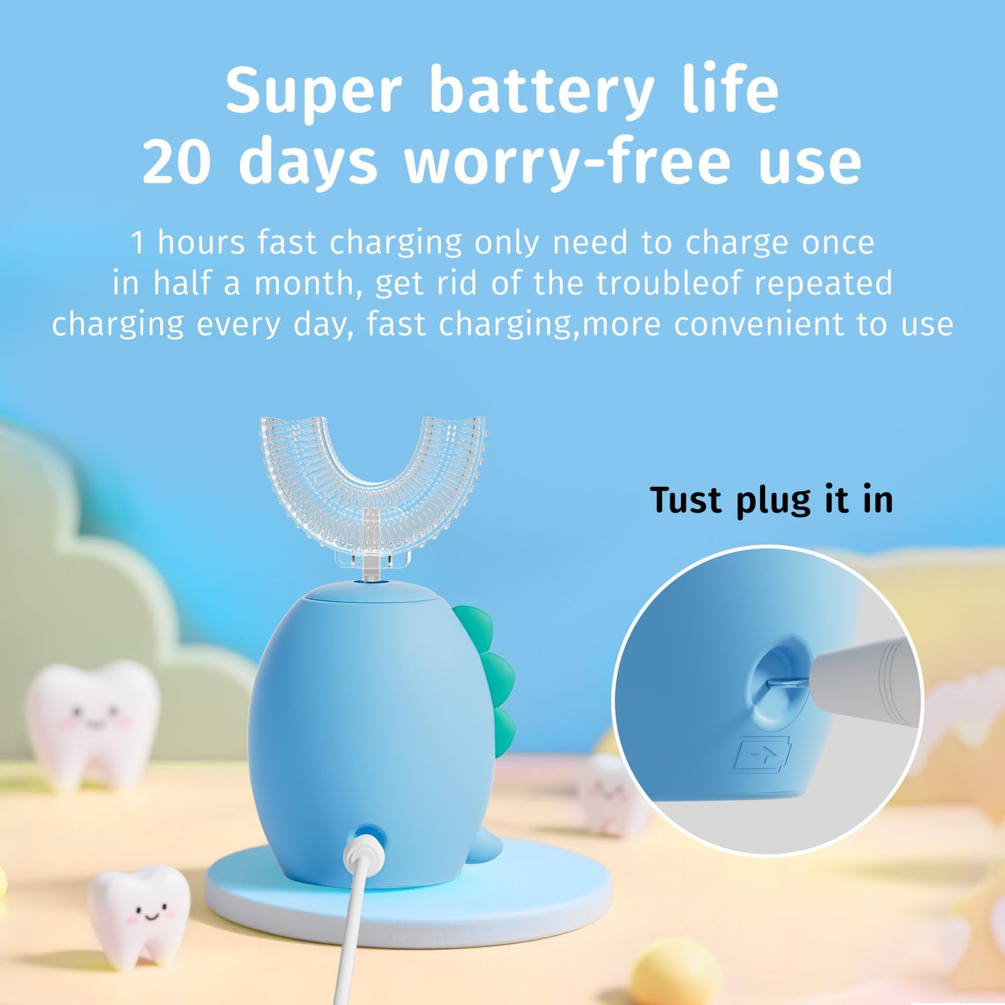 yeklike Kids U-Shaped Electric Toothbrush | 360° Cleaning, IPX7 Waterproof, Cartoon Dinosaur - for 2-7y