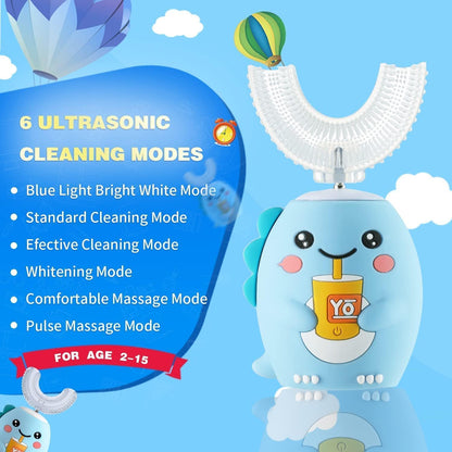 yeklike Kids U-Shaped Electric Toothbrush | 360° Cleaning, IPX7 Waterproof, Cartoon Dinosaur - for 2-7y