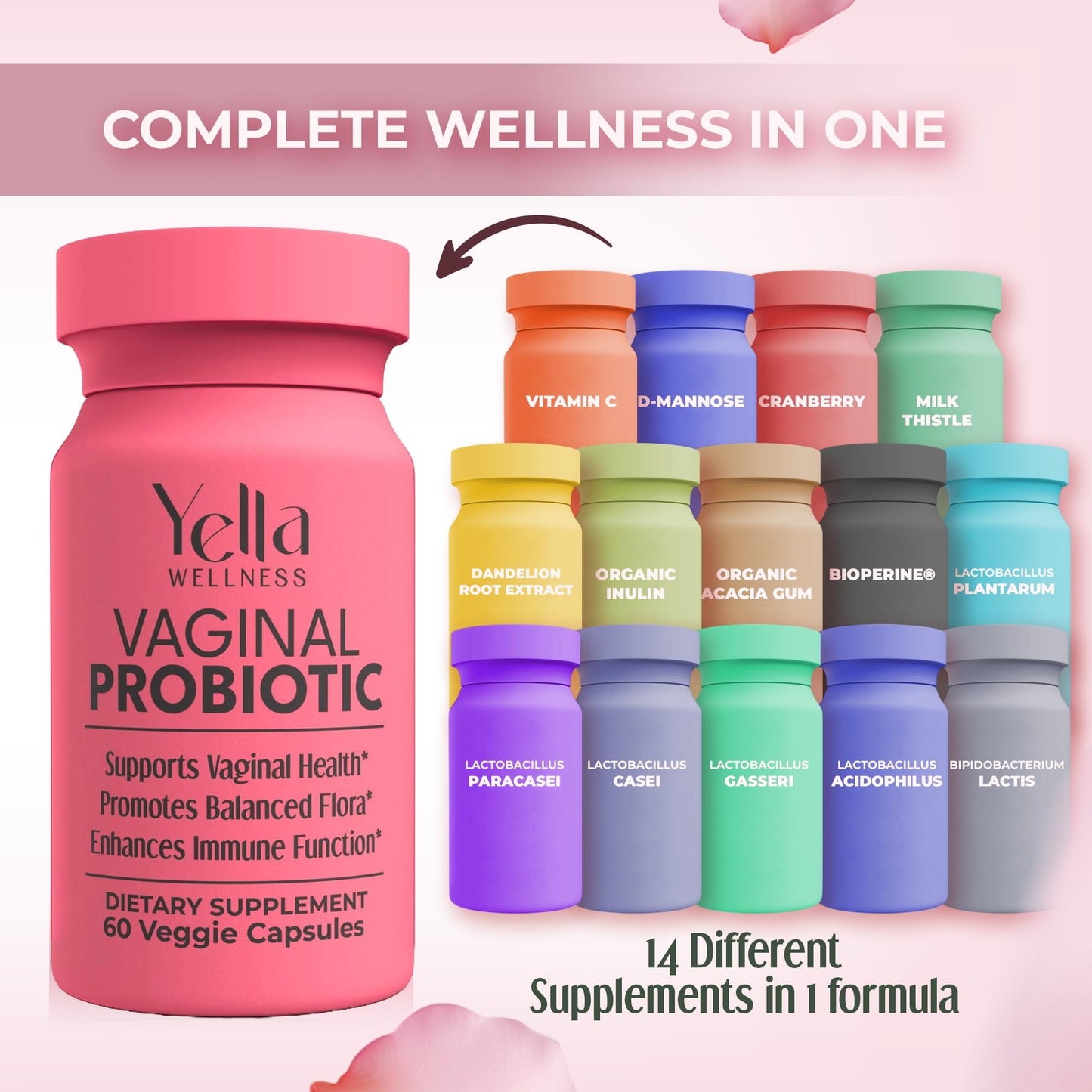 YELLA WELLNESS Vaginal Probiotics & Prebiotics with Cranberry Extract | Supports UTI & pH Balance for Women - 60ct
