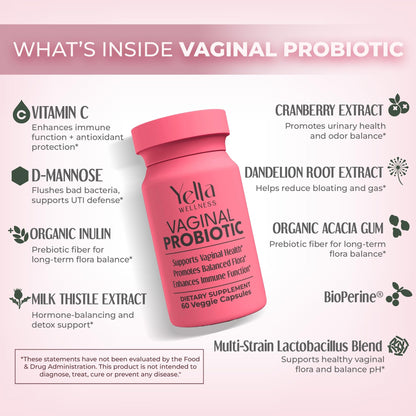 YELLA WELLNESS Vaginal Probiotics & Prebiotics with Cranberry Extract | Supports UTI & pH Balance for Women - 60ct