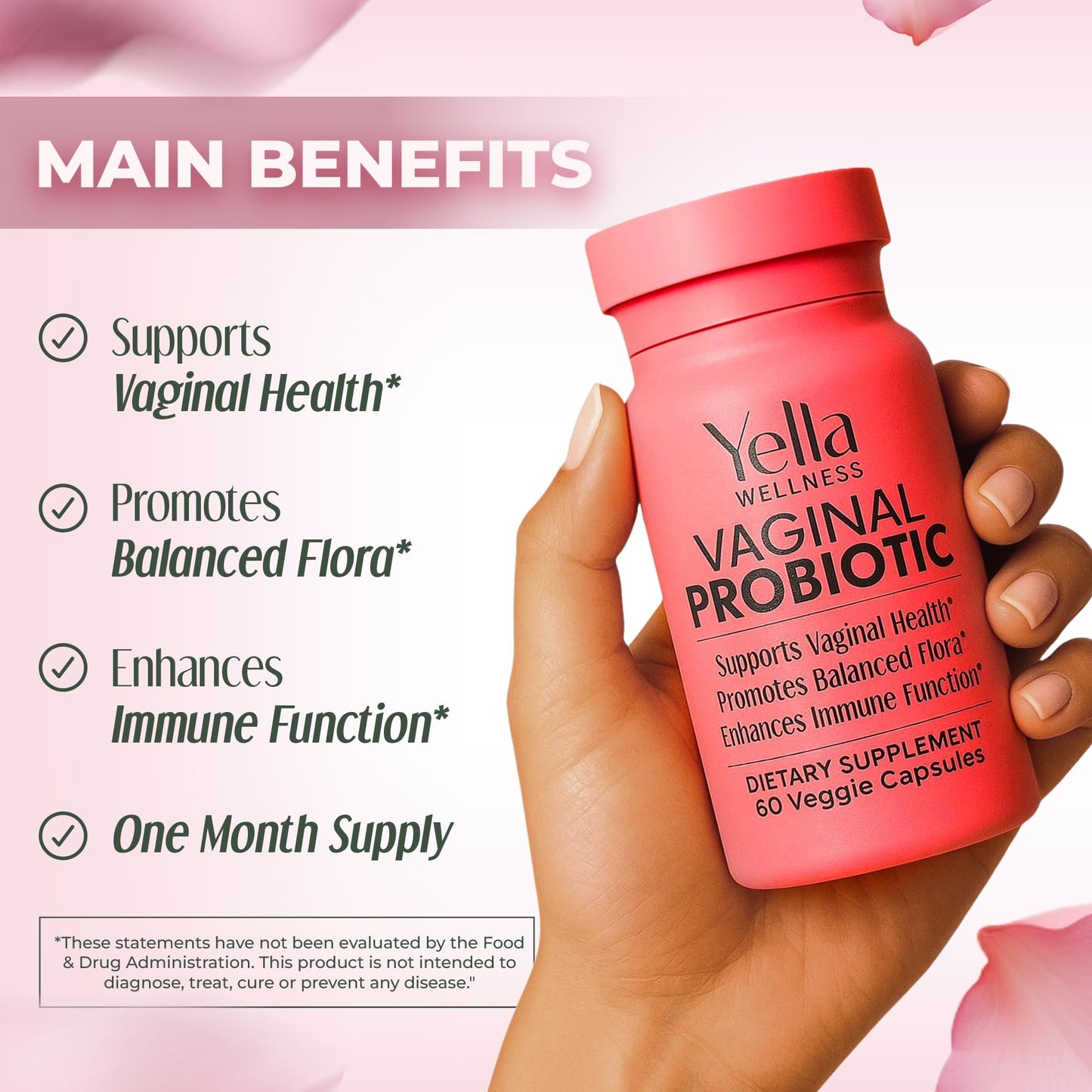 YELLA WELLNESS Vaginal Probiotics & Prebiotics with Cranberry Extract | Supports UTI & pH Balance for Women - 60ct
