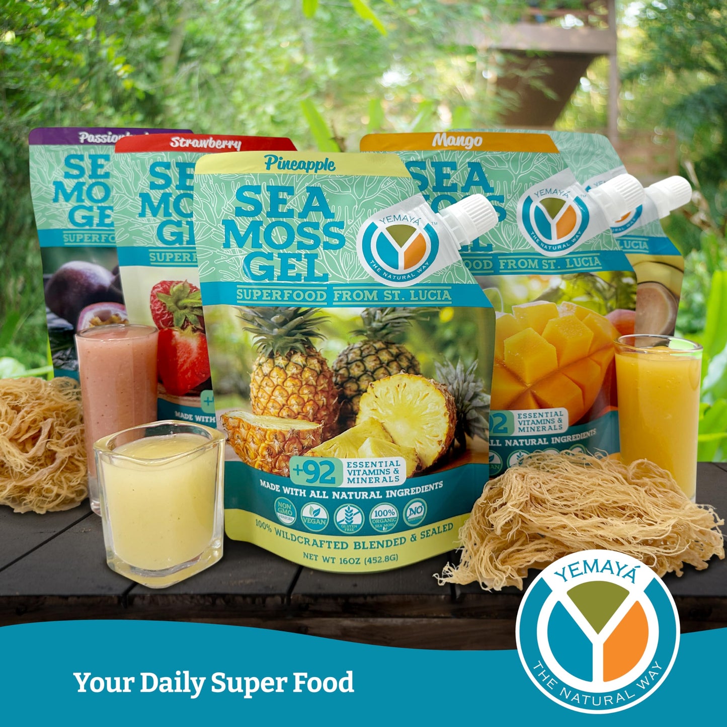 Yemayá Organic Sea Moss Gel – Wildcrafted Raw Seamoss, Strawberry, 16 oz