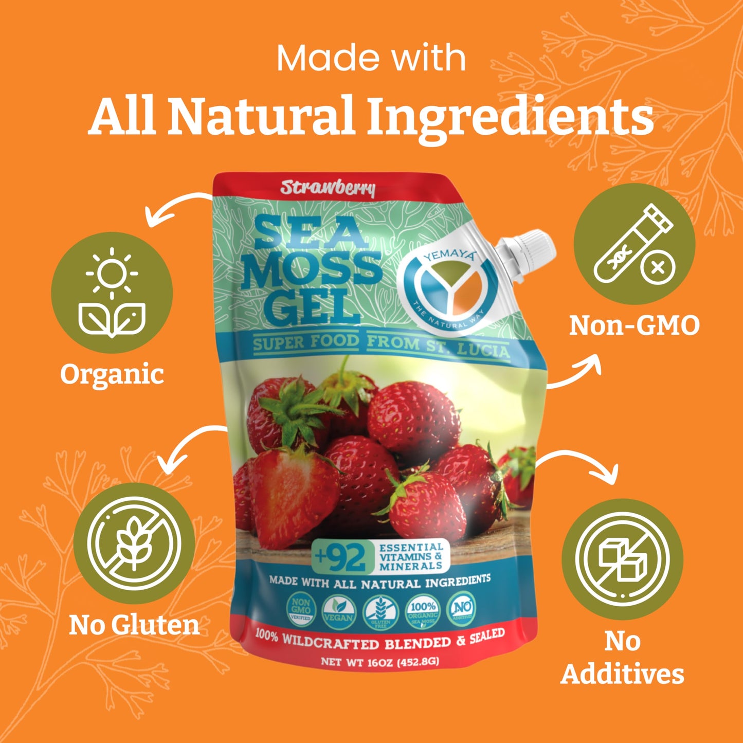 Yemayá Organic Sea Moss Gel – Wildcrafted Raw Seamoss, Strawberry, 16 oz