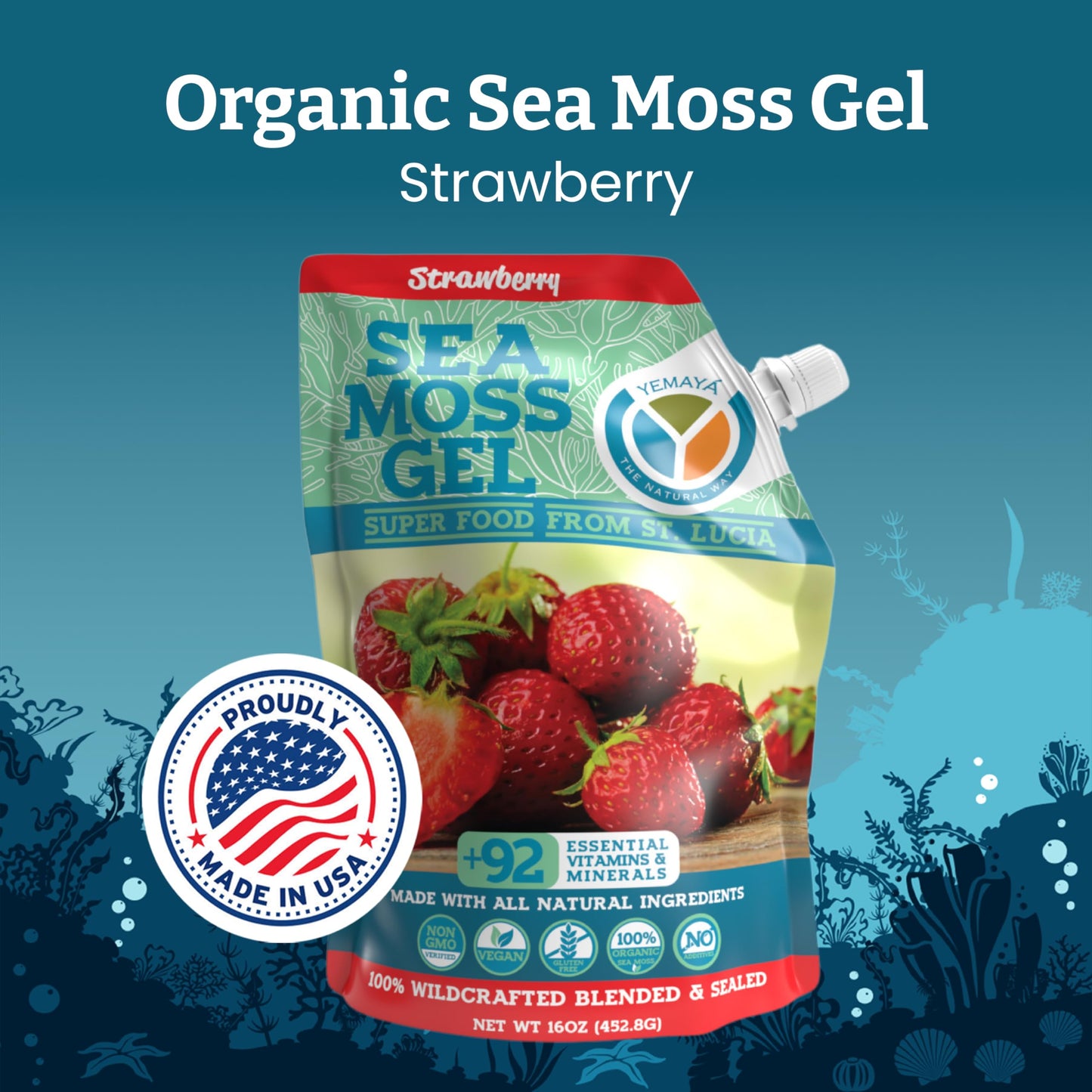 Yemayá Organic Sea Moss Gel – Wildcrafted Raw Seamoss, Strawberry, 16 oz