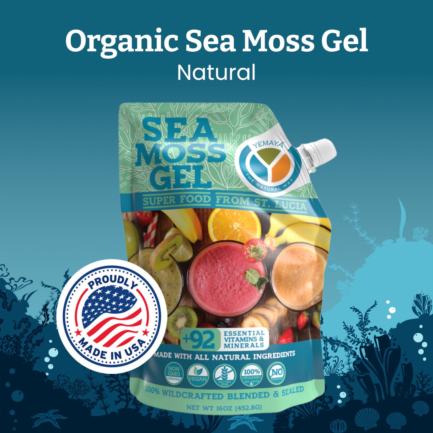 Yemayá Organic Sea Moss Gel – Wildcrafted Raw Sea Moss Gel with Fruit | 16 oz