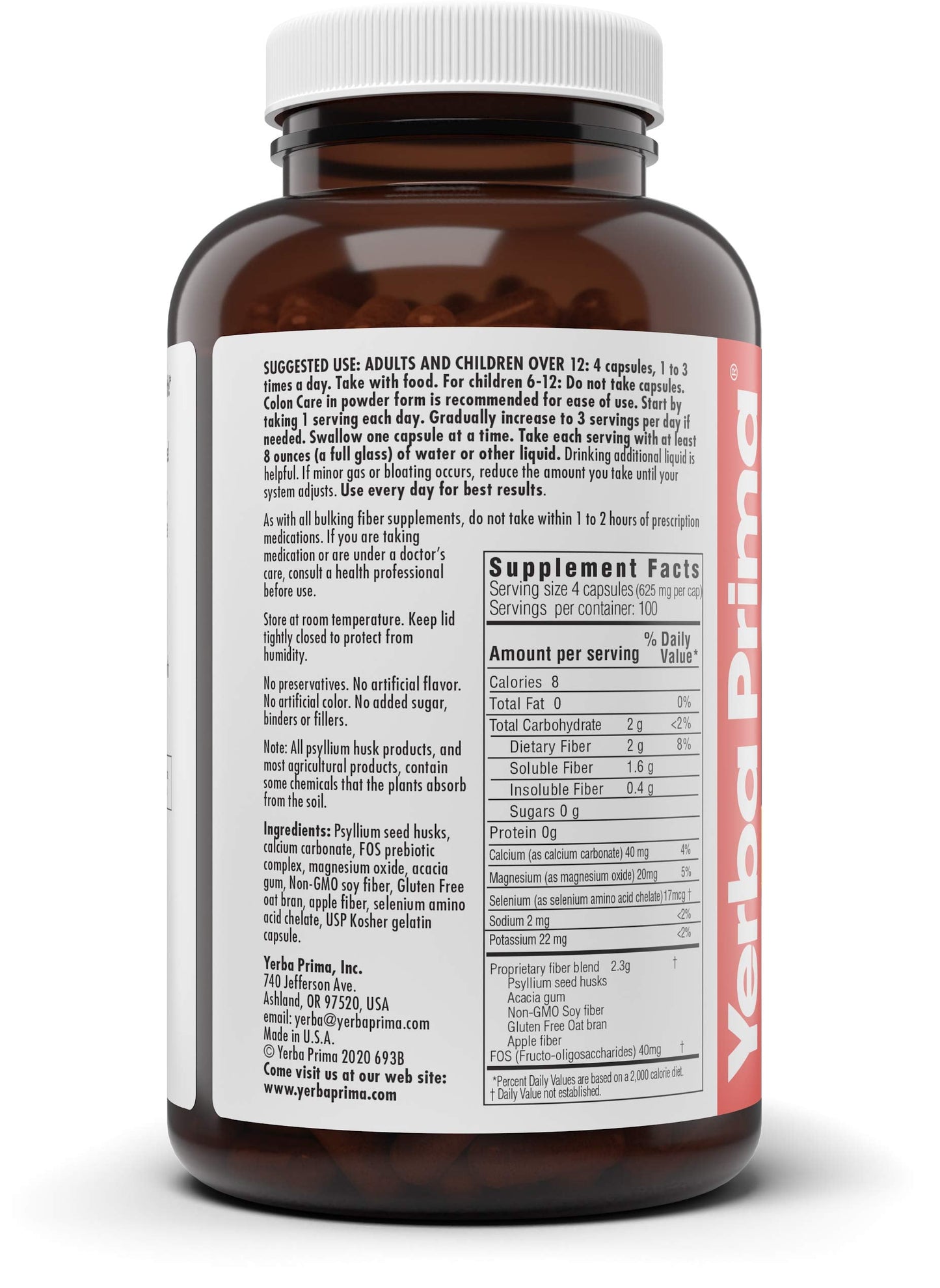 Yerba Prima Colon Care Capsules, 400 Caps – Five Fiber Types + FOS Prebiotics