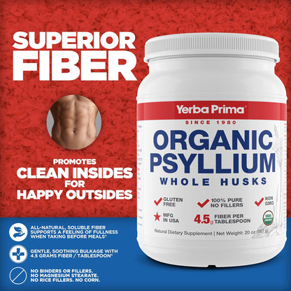 Yerba Prima Organic Psyllium Whole Husks - 20 oz Colon Cleanser | Regularity, Detox, Gluten Free, Non-GMO, Vegan