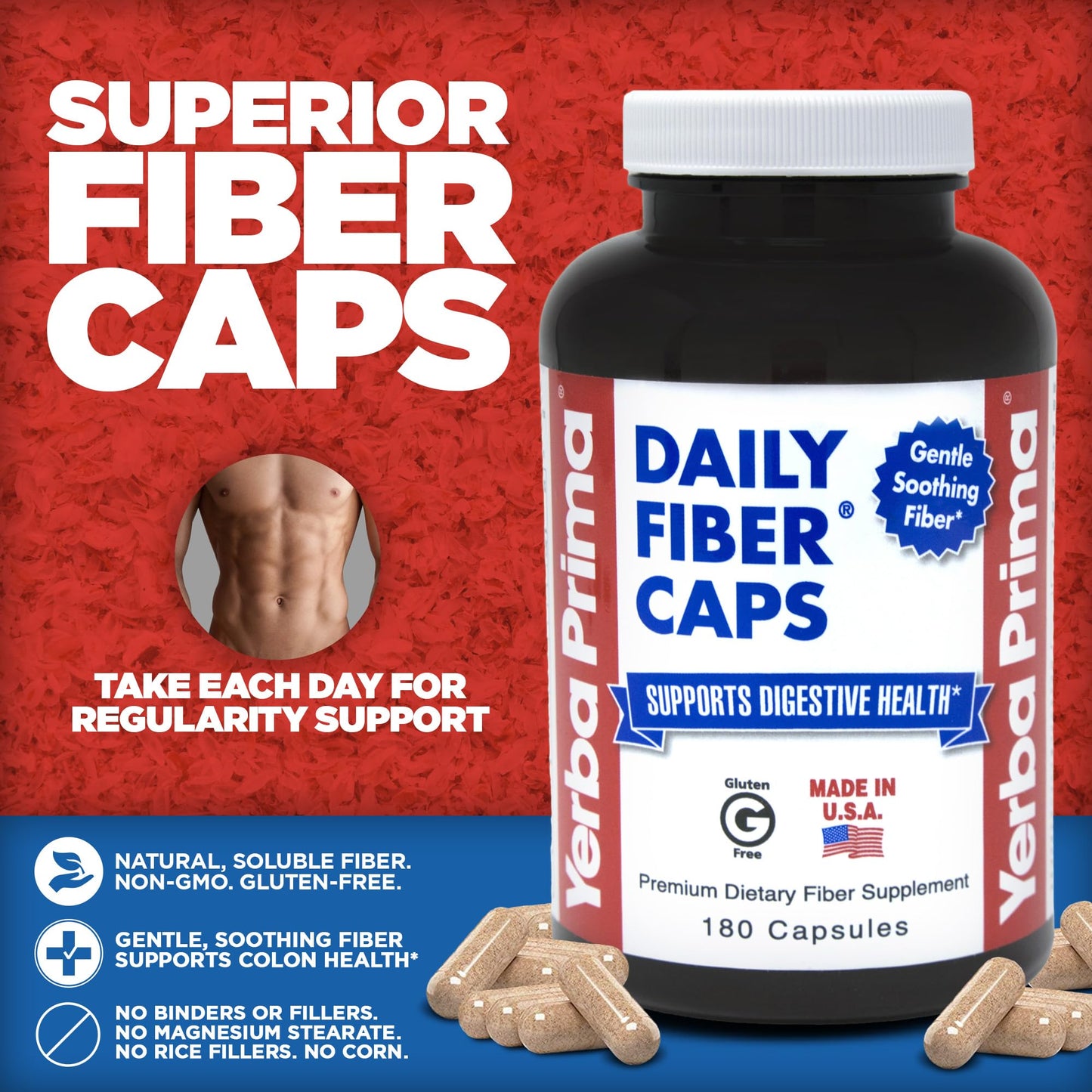 Yerba Prima Daily Fiber Caps – 180 Capsules | Soluble & Insoluble Fiber for Gut Health