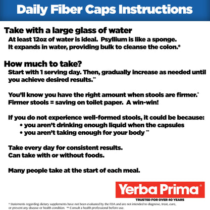 Yerba Prima Daily Fiber Formula - 180 Caps (Pack of 2) | Soluble & Insoluble Fiber