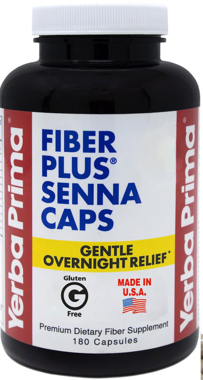 Yerba Prima Fiber Plus Senna Capsules – 180 Count, Gentle Overnight Relief, USA Made, Non-GMO, Gluten-Free