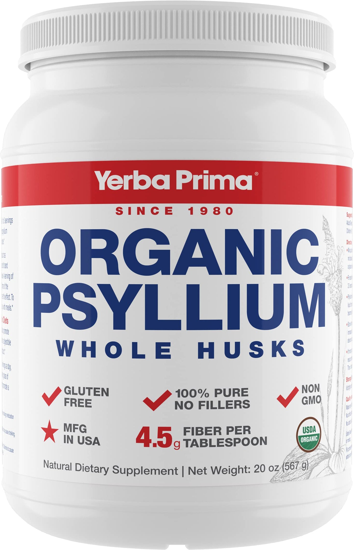 Yerba Prima Organic Psyllium Whole Husks - 20 oz Colon Cleanser | Regularity, Detox, Gluten Free, Non-GMO, Vegan