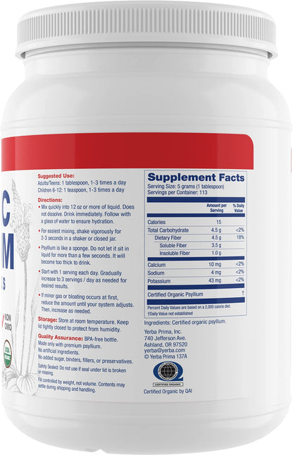 Yerba Prima Organic Psyllium Whole Husks - 20 oz Colon Cleanser | Regularity, Detox, Gluten Free, Non-GMO, Vegan