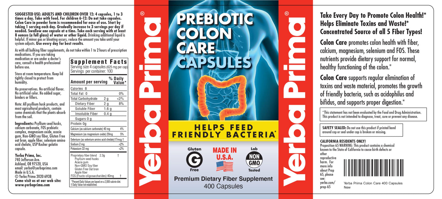Yerba Prima Prebiotic Colon Care Capsules, 400 Caps (Pack of 2) – Five Forms of Dietary Fiber