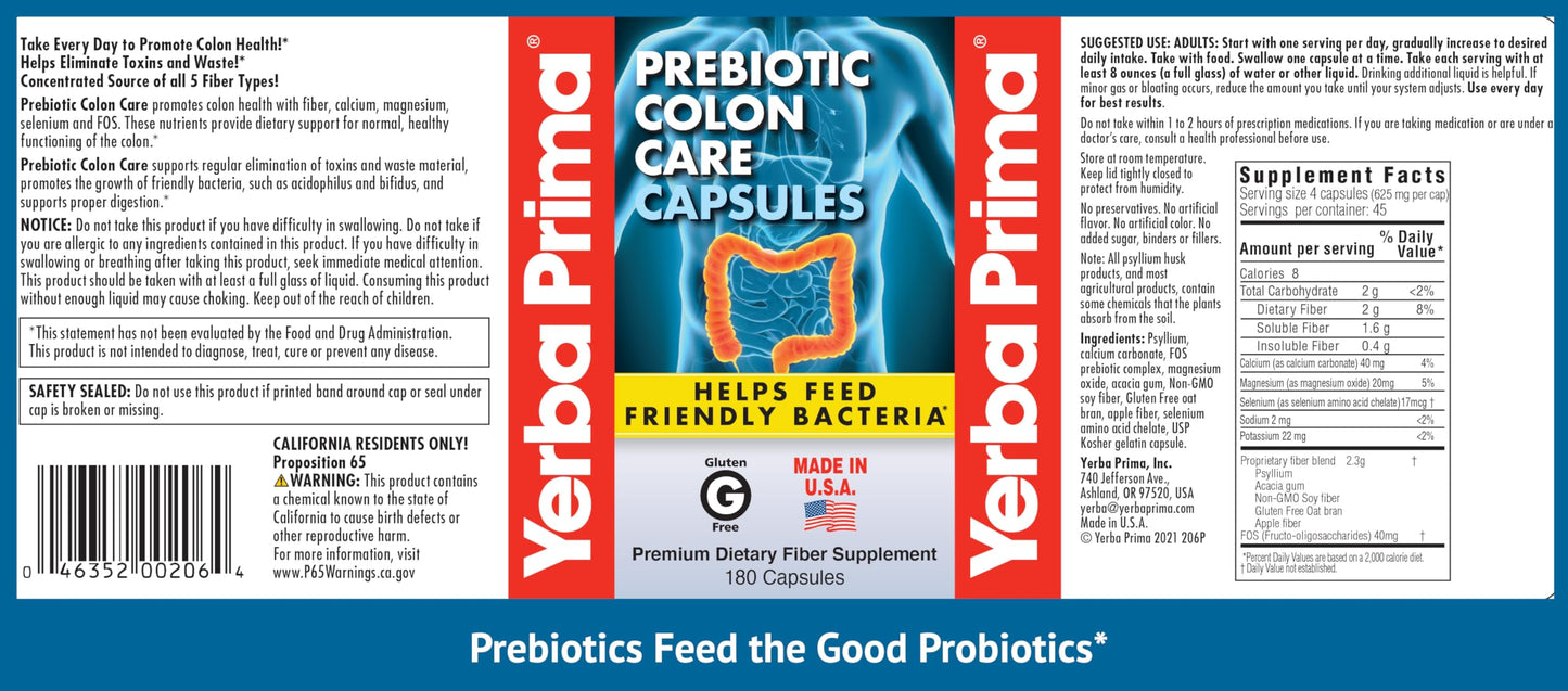 Yerba Prima Prebiotic Colon Care Capsules - 180 Caps, 2 Pack | Non-GMO, Keto Friendly
