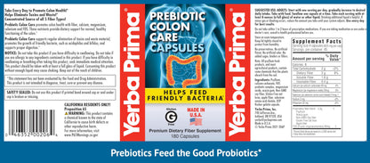 Yerba Prima Prebiotic Colon Care Capsules - 180 Caps, 2 Pack | Non-GMO, Keto Friendly