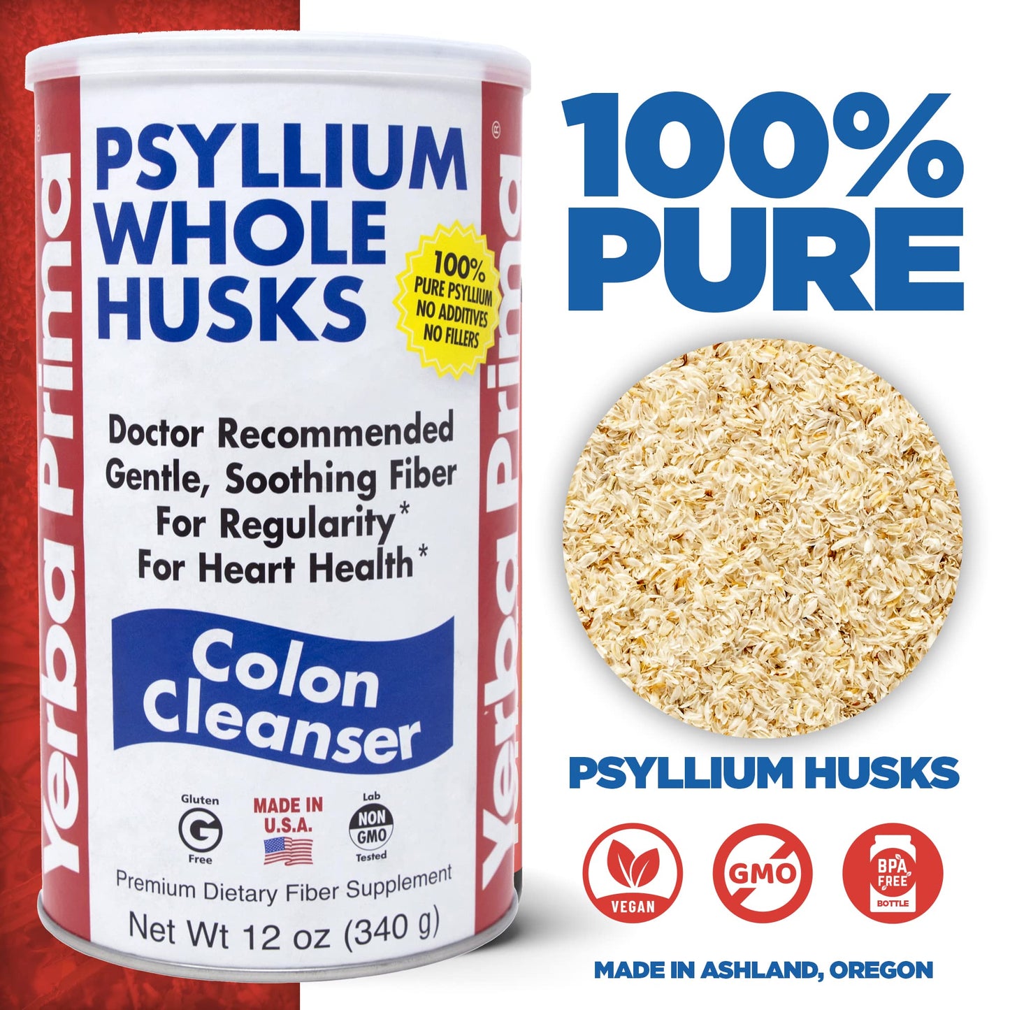 Yerba Prima Psyllium Husk 12 oz (Pack of 2) – Colon Cleanser Fiber Supplement for Gut Health | Non-GMO, Gluten Free, Vegan