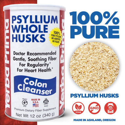 Yerba Prima Psyllium Husk 12 oz (Pack of 2) – Colon Cleanser Fiber Supplement for Gut Health | Non-GMO, Gluten Free, Vegan