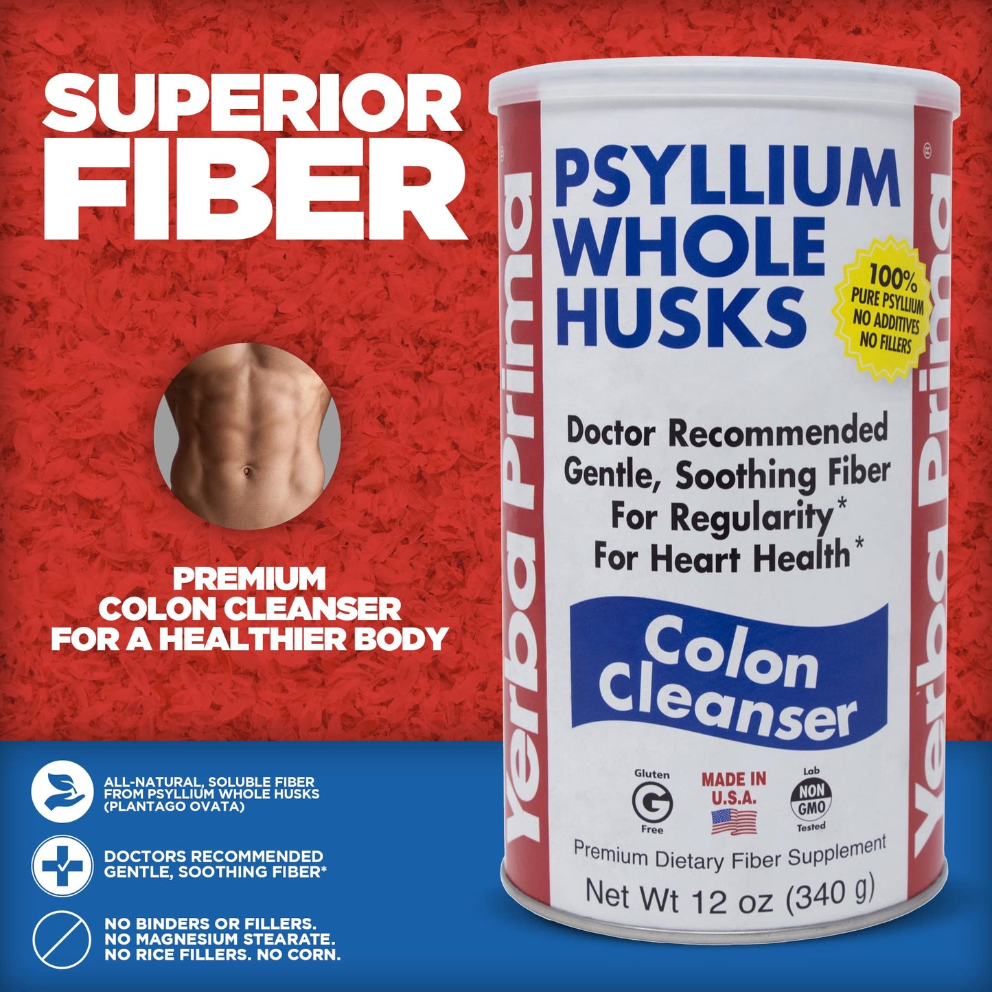 Yerba Prima Psyllium Husk 12 oz (Pack of 2) – Colon Cleanser Fiber Supplement for Gut Health | Non-GMO, Gluten Free, Vegan