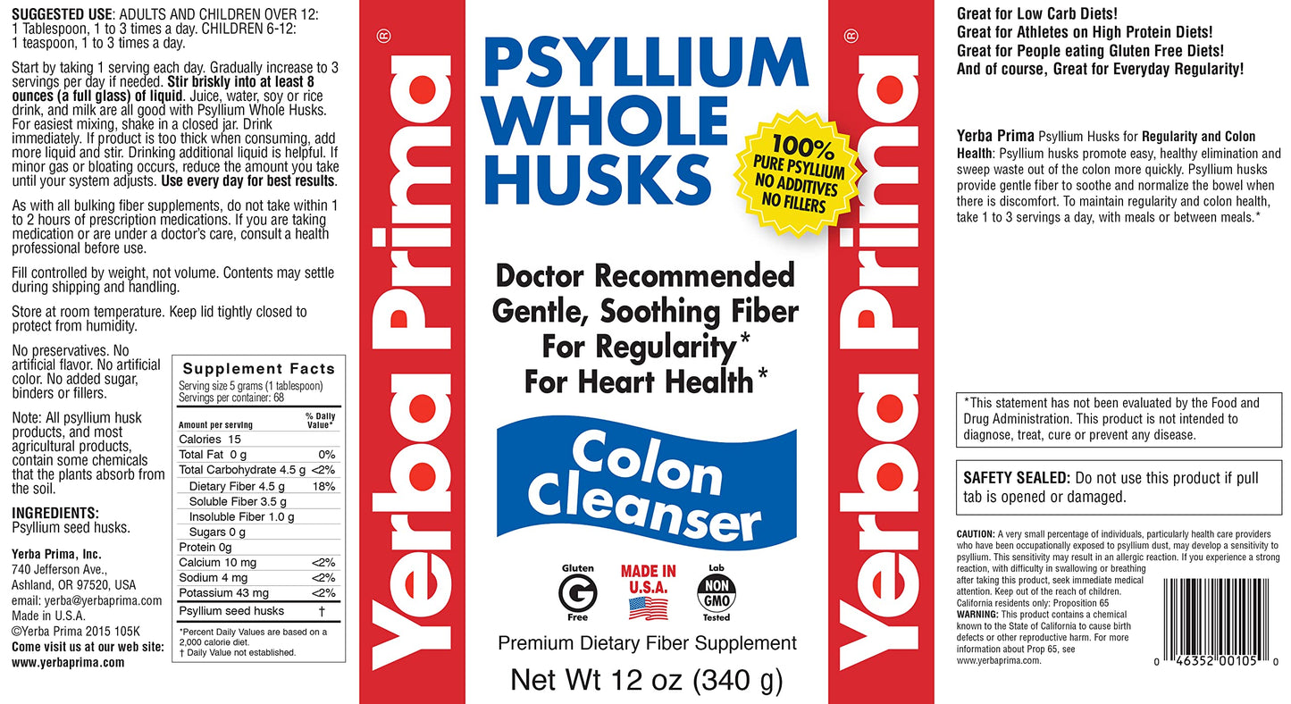 Yerba Prima Psyllium Husk 12 oz (Pack of 2) – Colon Cleanser Fiber Supplement for Gut Health | Non-GMO, Gluten Free, Vegan