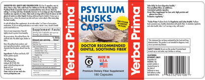 Yerba Prima Psyllium Husk Capsules 625 mg – 180 Count | Colon Cleansing & Gut Health, Non-GMO, Gluten Free