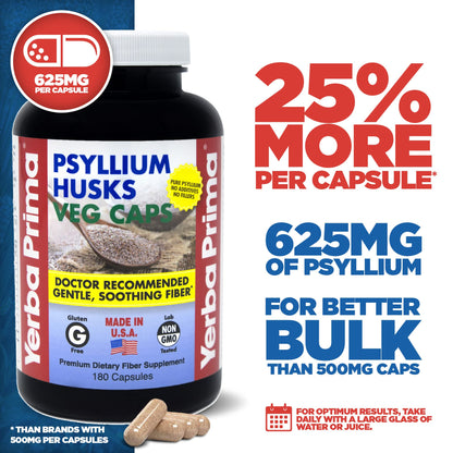Yerba Prima Psyllium Husk Veg Caps – 180 Count (2 Pack), 625mg – Vegan, Non-GMO, Gluten Free