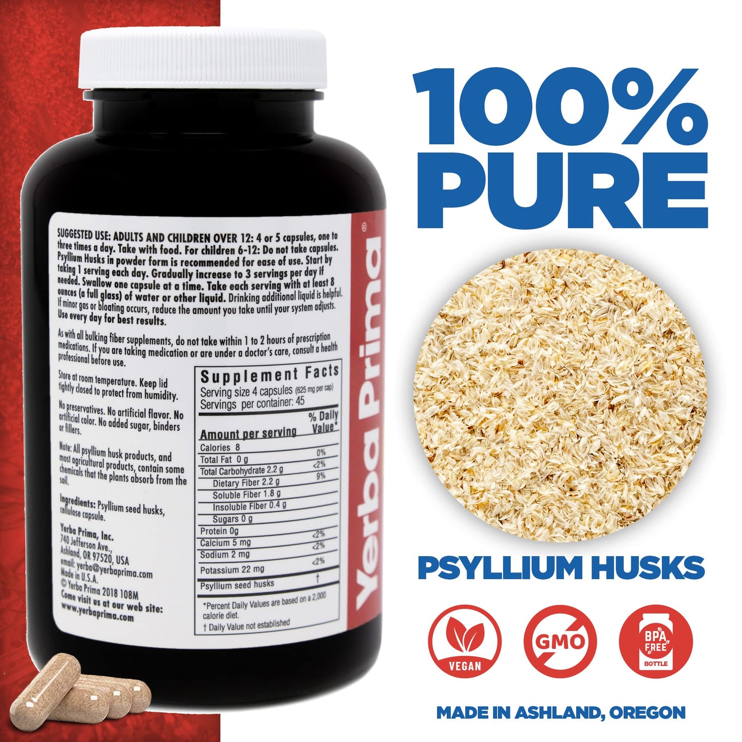Yerba Prima Psyllium Husk Veg Caps – 180 Count (2 Pack), 625mg – Vegan, Non-GMO, Gluten Free
