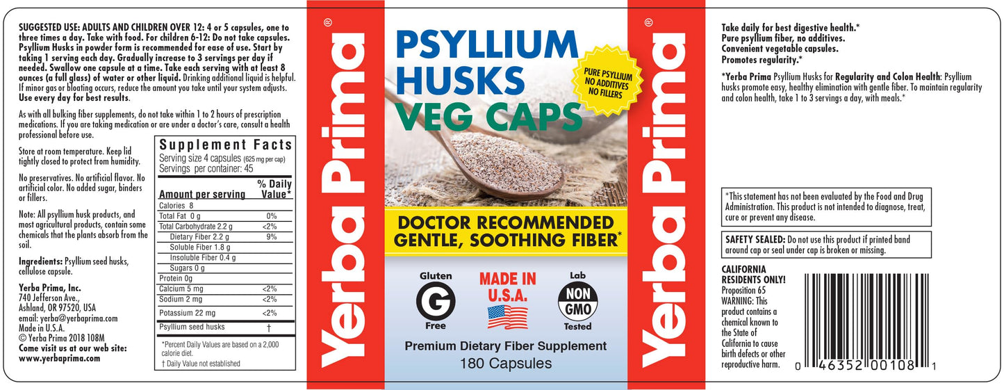 Yerba Prima Psyllium Husk Veg Caps – 180 Count (2 Pack), 625mg – Vegan, Non-GMO, Gluten Free