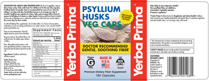 Yerba Prima Psyllium Husk Veg Caps – 180 Count (2 Pack), 625mg – Vegan, Non-GMO, Gluten Free