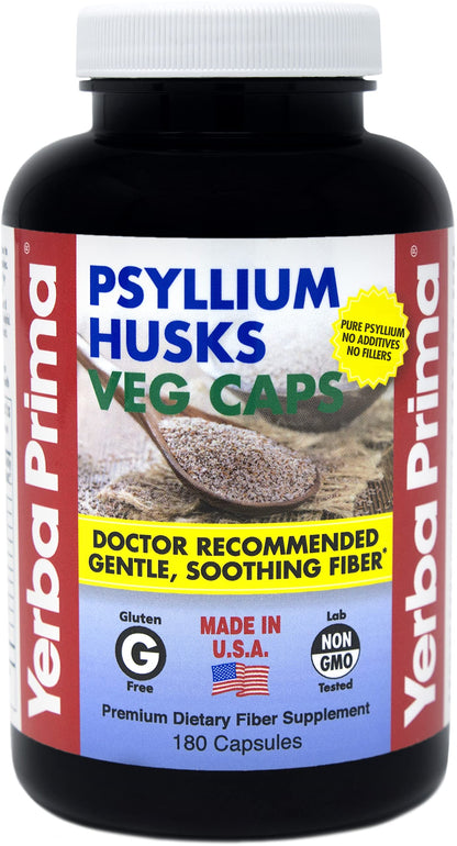 Yerba Prima Psyllium Husks 180 Veg Caps (625mg) – Vegan, Non-GMO, Gluten Free