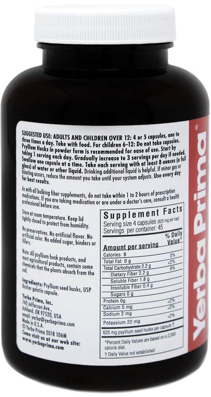 Yerba Prima Psyllium Husks Caps 180 Caps (Pack of 2) – Natural Fiber Supplement