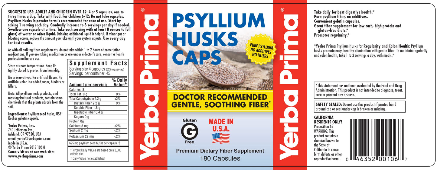Yerba Prima Psyllium Husks Caps 180 Caps (Pack of 2) – Natural Fiber Supplement
